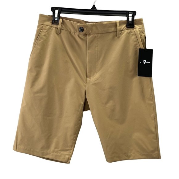 7 For All Mankind Ace Chino Tech Shorts size 30 Men Khaki Tan Quick Dry NWT - Picture 1 of 7